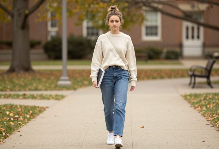 Teenage girl in jeans and sweater walking on college campus with a crossbody bag