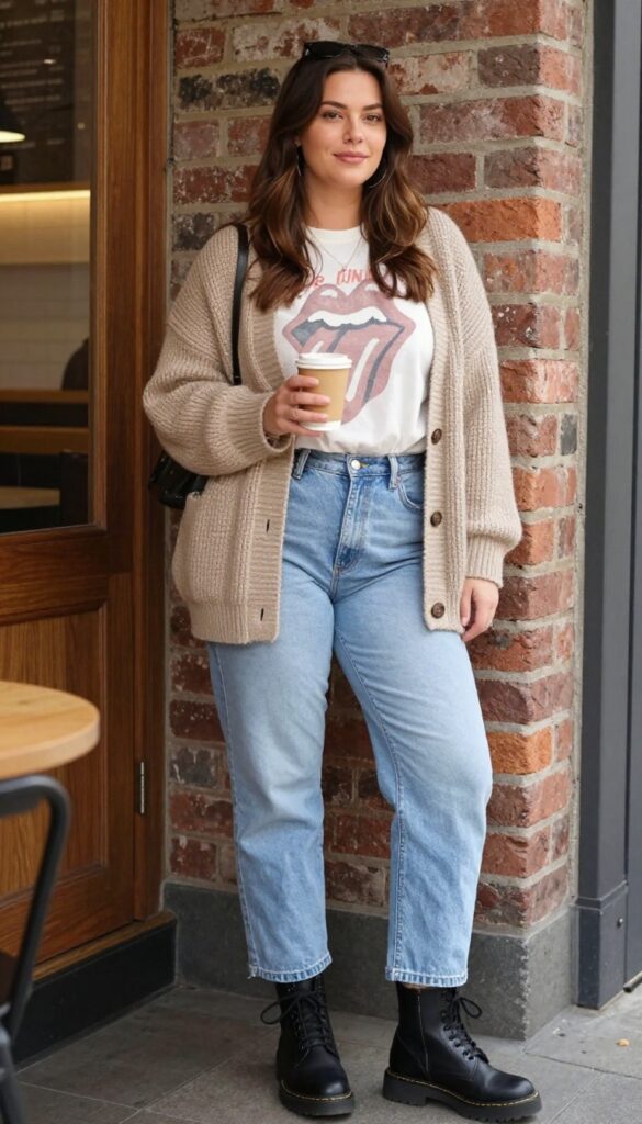1. Oversized Cardigan + Vintage Band Tee + Straight-Leg Jeans