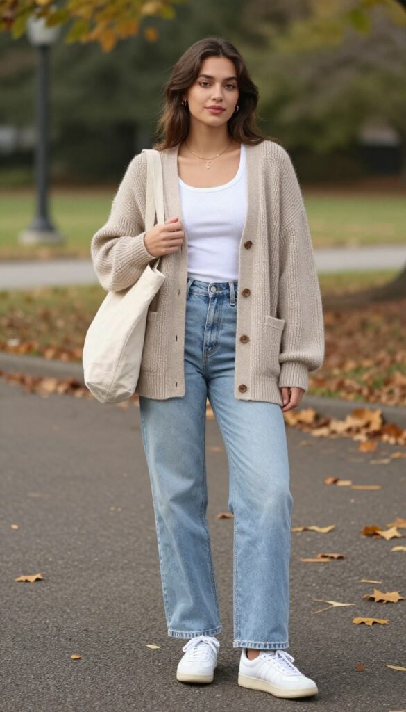 1. Oversized Knit Cardigan + Ribbed Tank + Wide-Leg Jeans