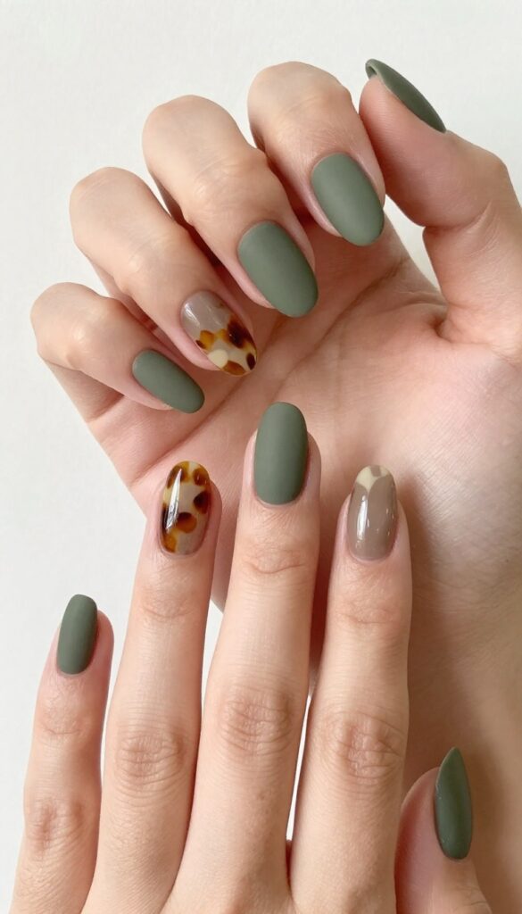 Matte olive green nails with tortoiseshell accents on almond-shaped nails