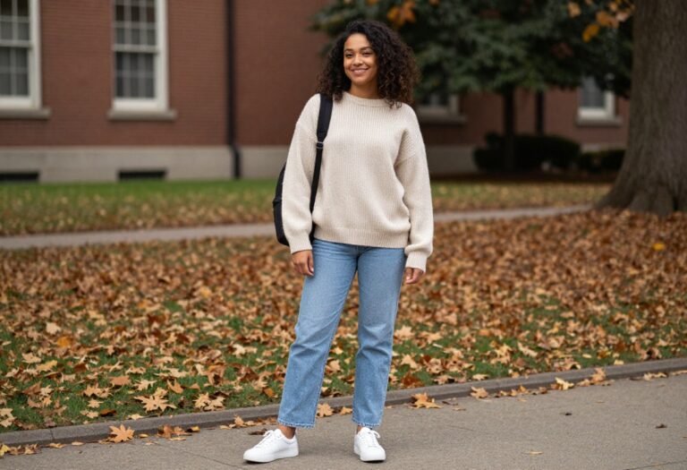 Young woman in cozy sweater and jeans standing on a university campus, holding a backpack, looking relaxed and stylish.