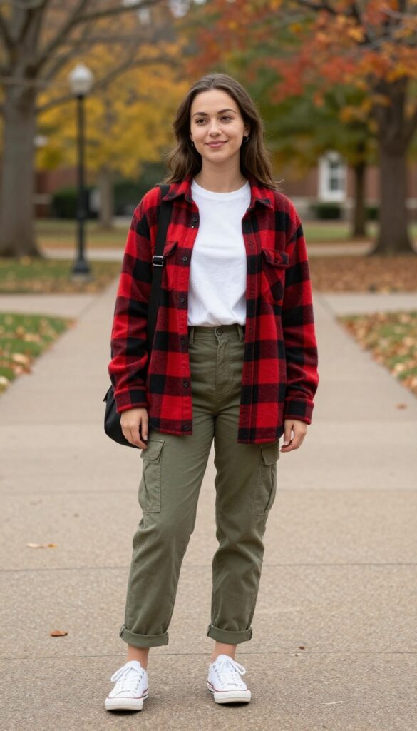 5. Long-Sleeve Tee + Flannel Shirt + Cargo Pants