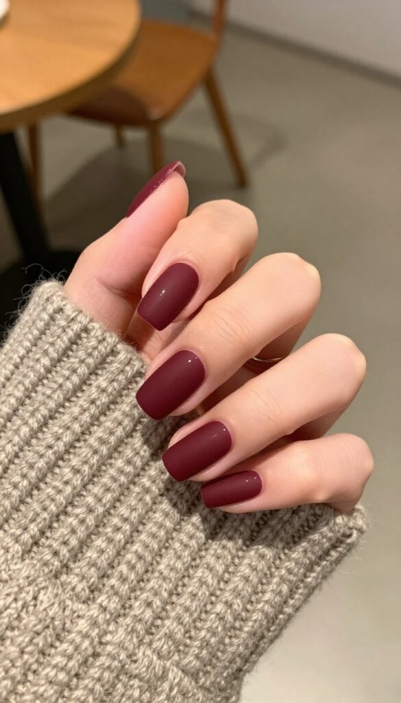 Matte cherry cola nails on medium almond shape, resting on a cozy knit sweater, autumn vibe