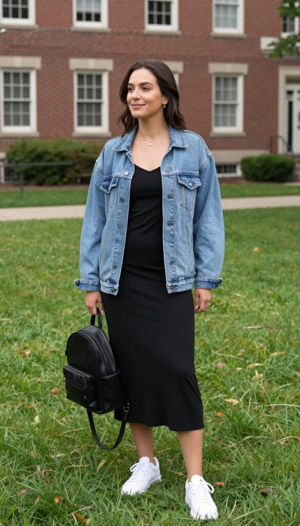 3. Oversized Denim Jacket over a Slip Dress with Chunky Sneakers