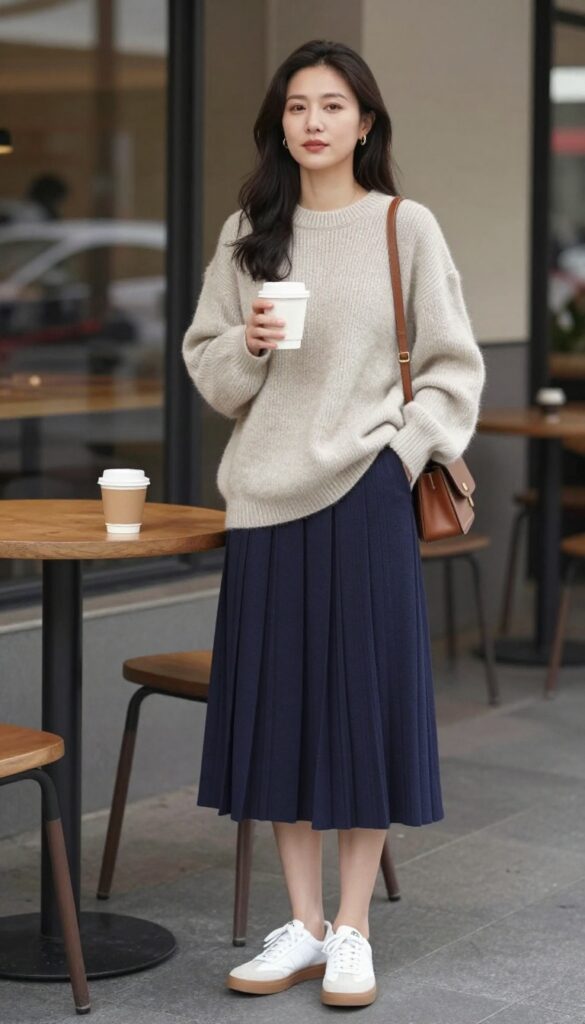 5. Oversized Sweater + Pleated Midi Skirt + Sneakers