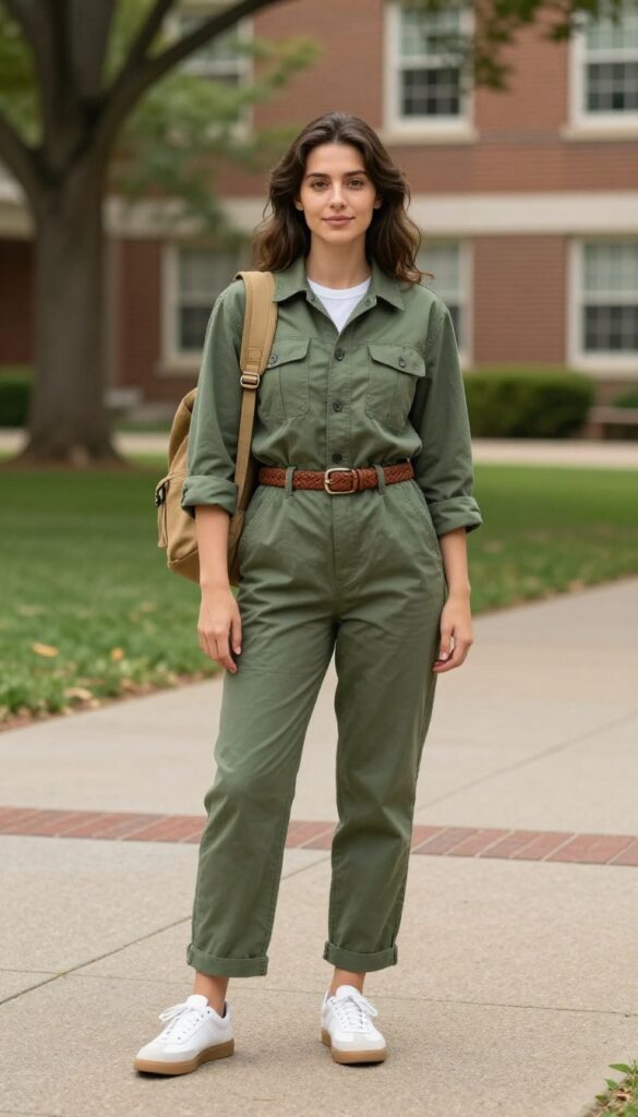 11. Jumpsuit with a Belt and Sneakers