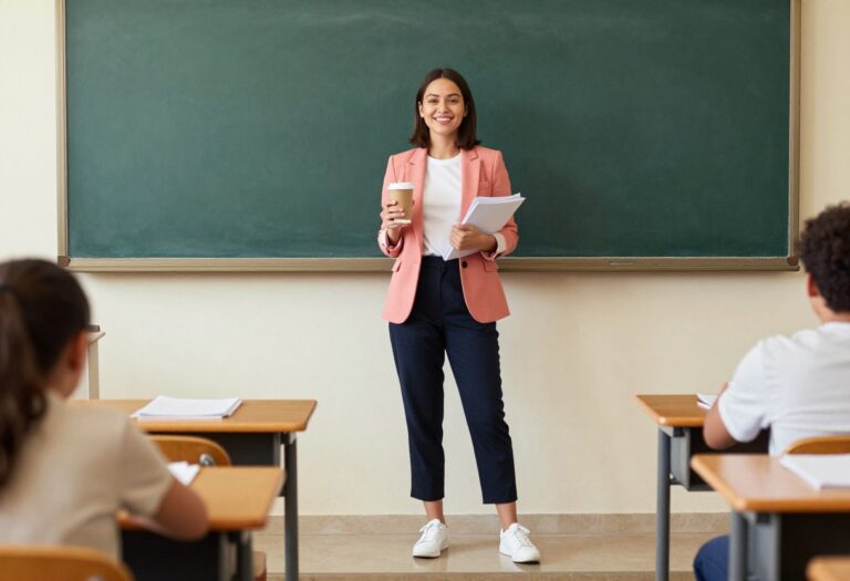 Female teacher in colorful blazer and cropped trousers standing in a bright classroom
