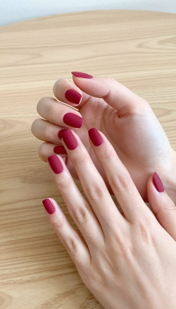 Matte merlot red nails on short squoval shape