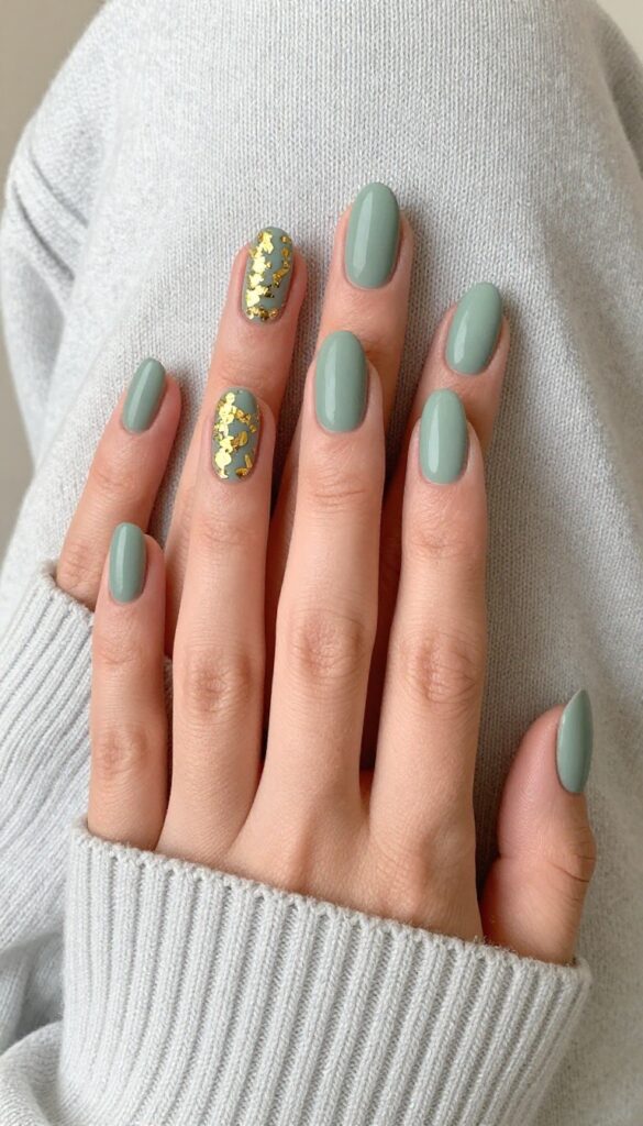 Short almond nails in muted sage green with gold foil accents