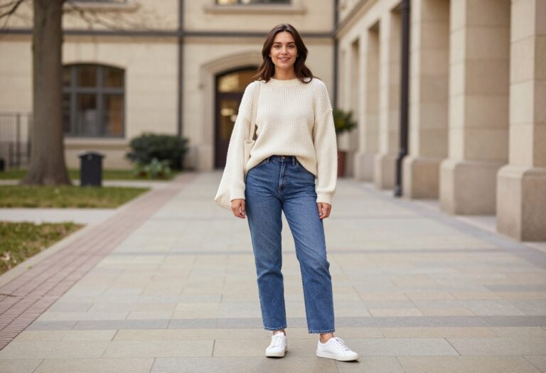 Young woman in jeans and sweater on campus, casual school outfit