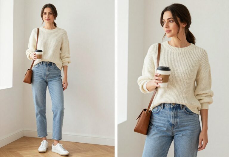 Utah mom wearing a chunky knit sweater and straight-leg jeans with white sneakers in a bright living room