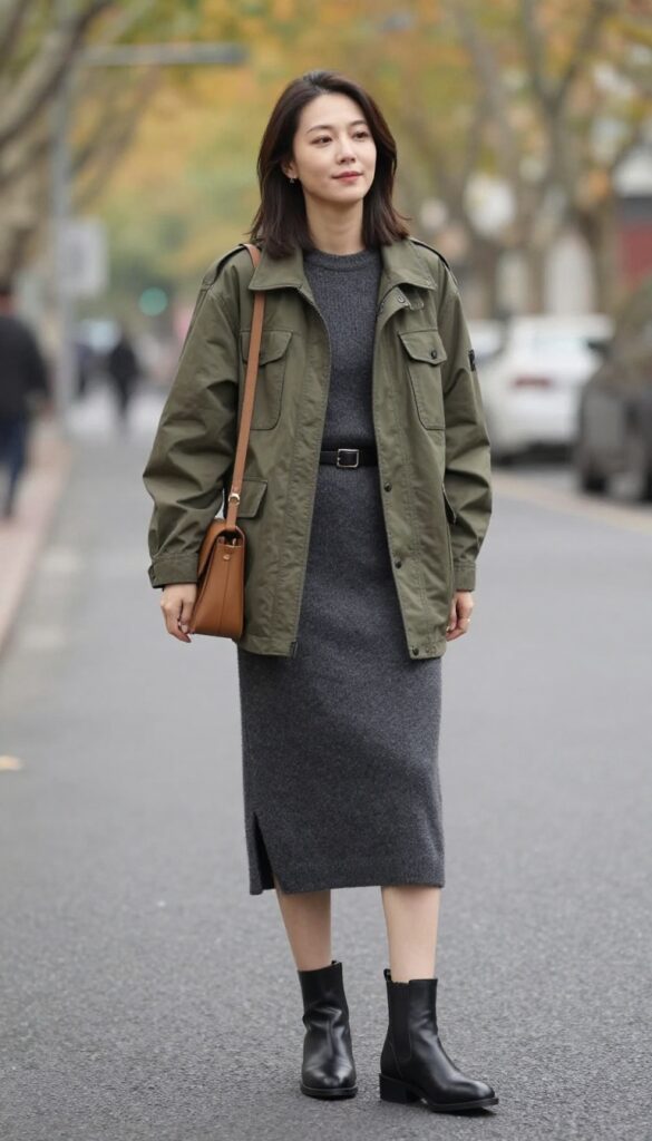 7. Utility Jacket with a Knit Dress and Belt
