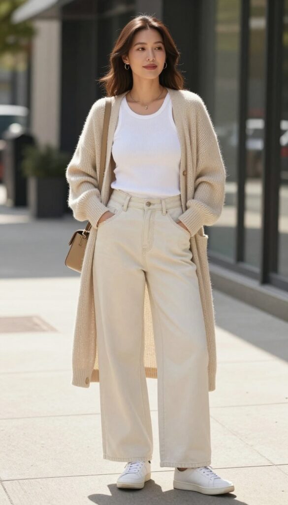 1. Soft Knit Cardigan Over a Ribbed Tank and Wide-Leg Jeans