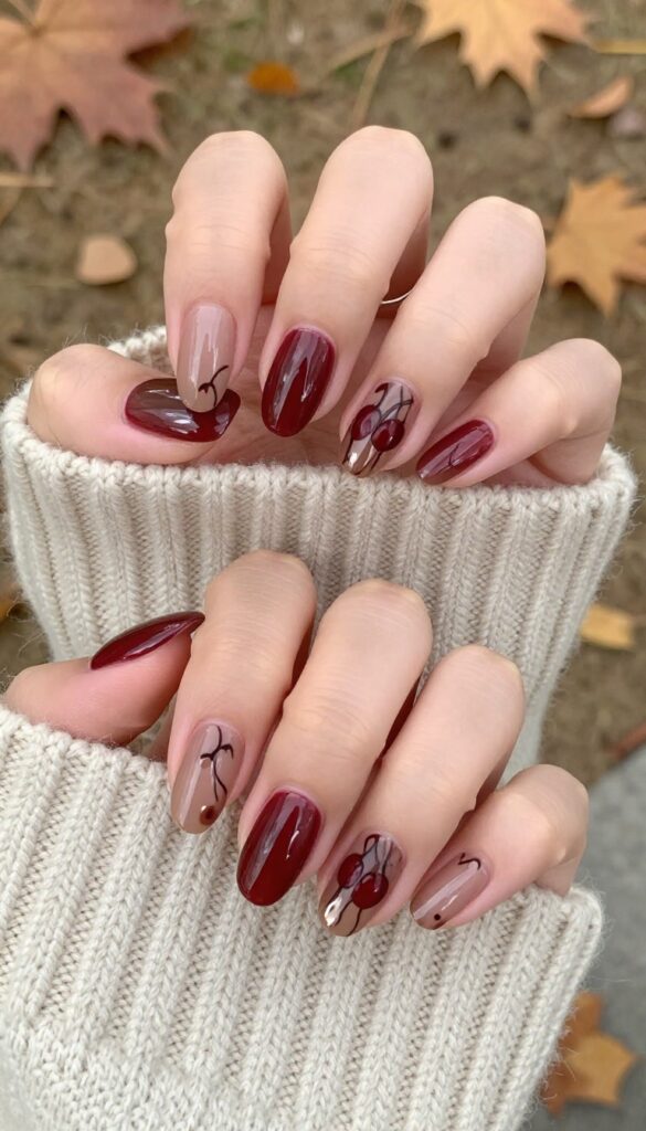 Chocolate cherry swirl nail design on almond-shaped nails with glossy finish