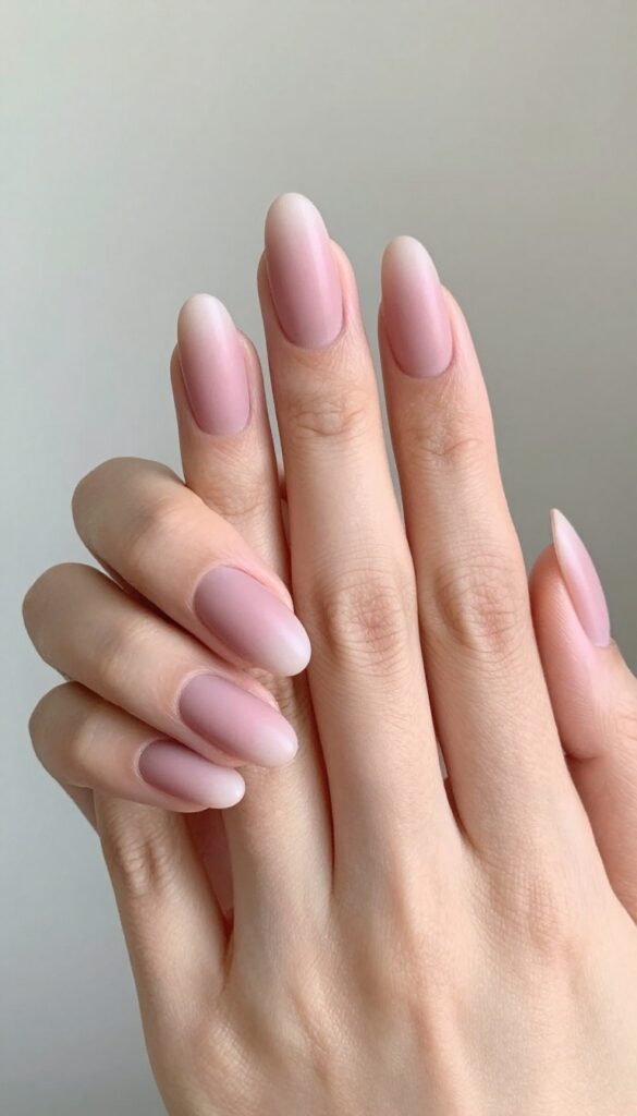 Smoky plum to dusty rose ombre nails on almond shape with matte finish