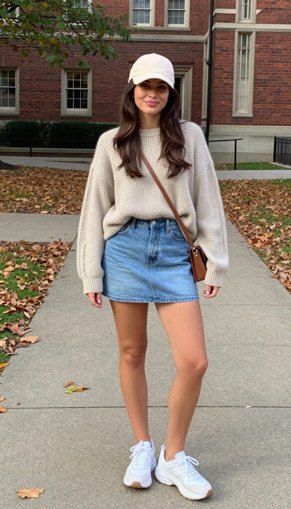 2. Oversized Sweater + Mini Skirt + Chunky Sneakers