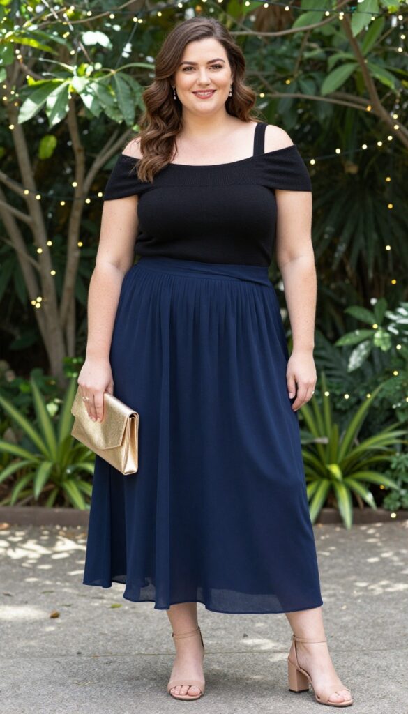 4. Off-Shoulder Top with Flowing Maxi Skirt