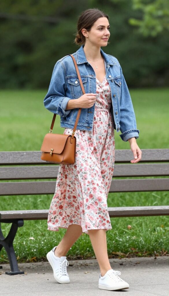 1. Flowy Midi Dress with a Denim Jacket
