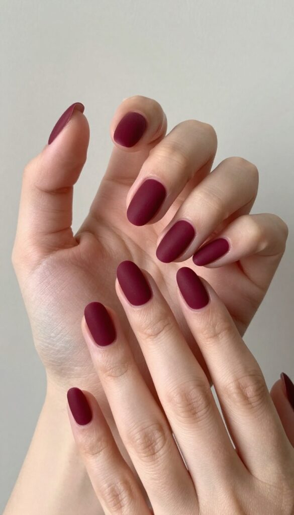 Vampy velvet nails in deep burgundy matte finish on almond-shaped nails