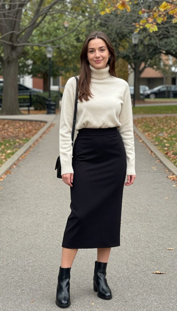 3. Midi Skirt with a Fitted Turtleneck and Ankle Boots