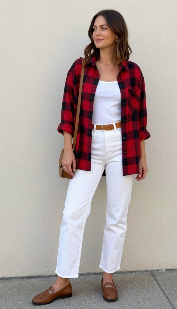 9. Plaid Shirt + White Jeans + Loafers