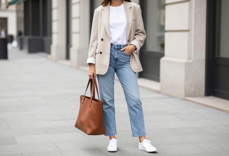 Woman in beige blazer, white tee, blue jeans, and white sneakers holding a brown tote bag on a city street.