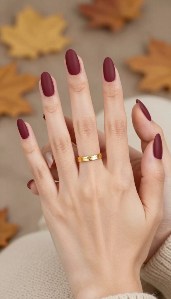 Matte merlot nails with gold foil accent on ring finger