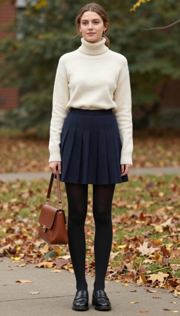 8. Turtleneck Under a Jumper with a Pleated Midi Skirt