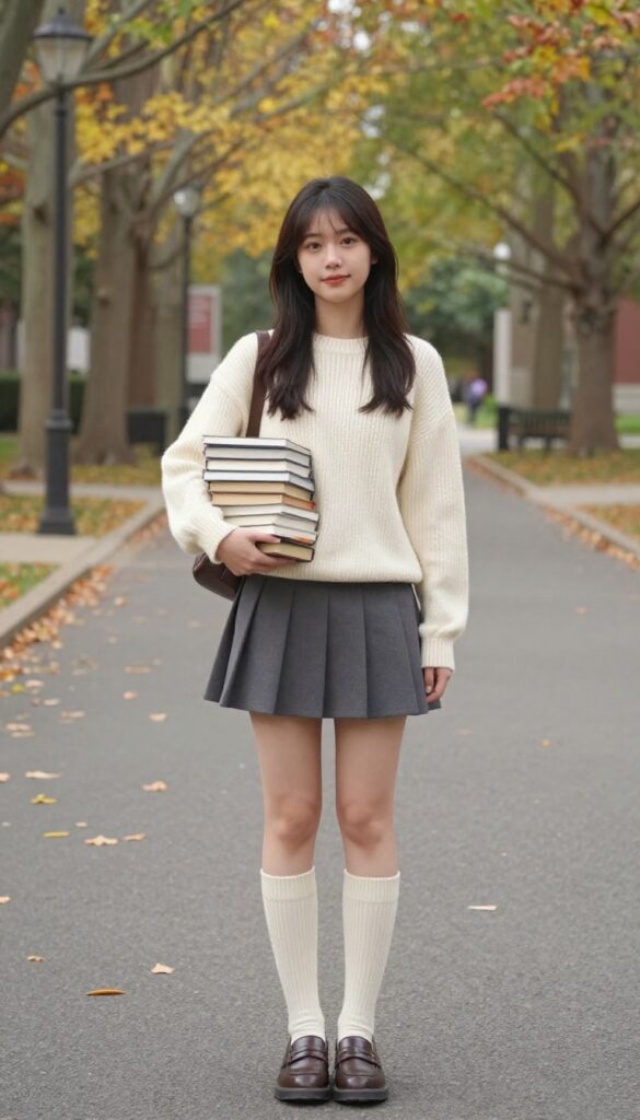 1. Cream Sweater + Pleated Mini Skirt + Loafers