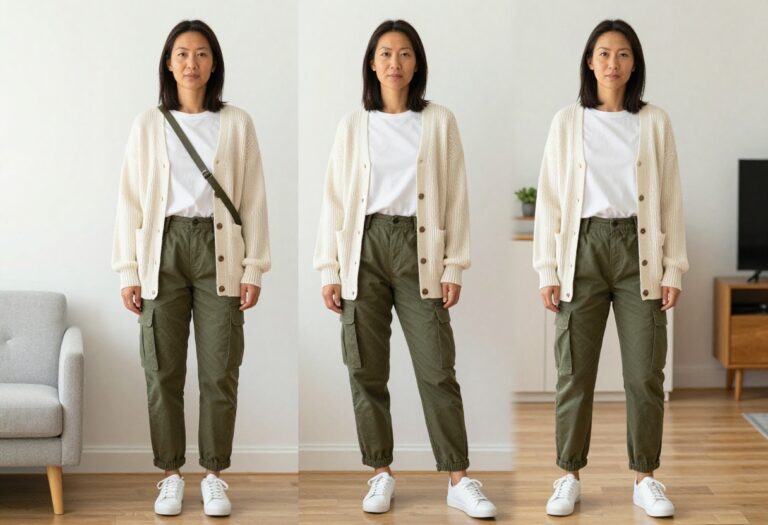 Asian mom in cream cardigan and olive cargo pants standing in a bright living room