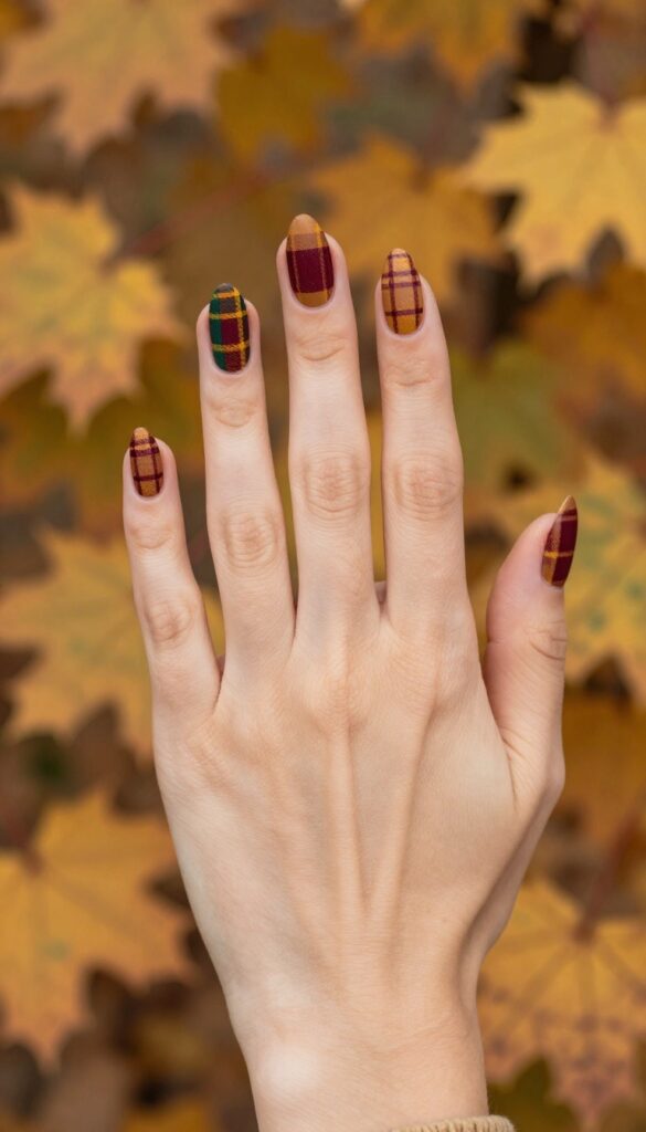 Rustic plaid dip powder nails with camel base and burgundy, green, and mustard lines