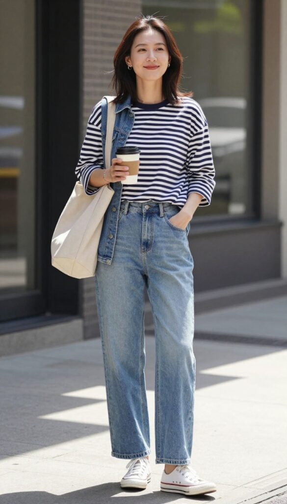 2. Striped Long-Sleeve Tee + Denim Jacket + Wide-Leg Jeans
