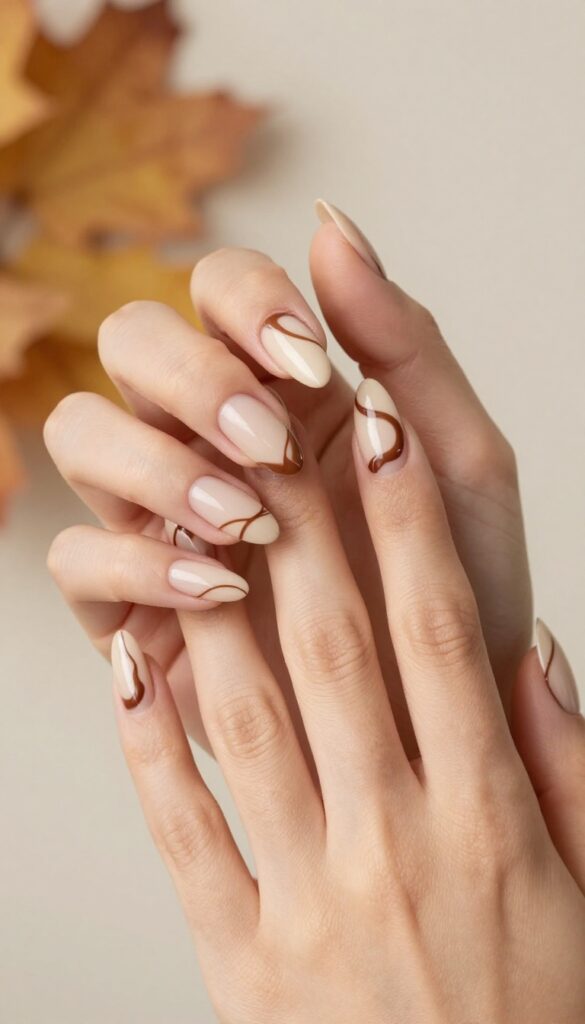 Mocha swirl almond nails with beige base and brown swirls
