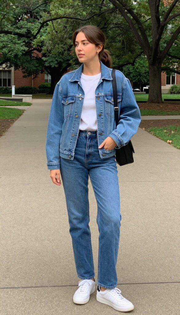 1. Classic Denim Jacket + White Tee + Straight-Leg Jeans