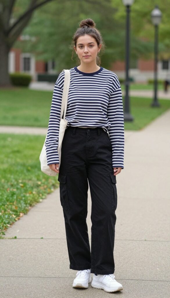 2. Striped Long-Sleeve Tee and Black Cargo Pants