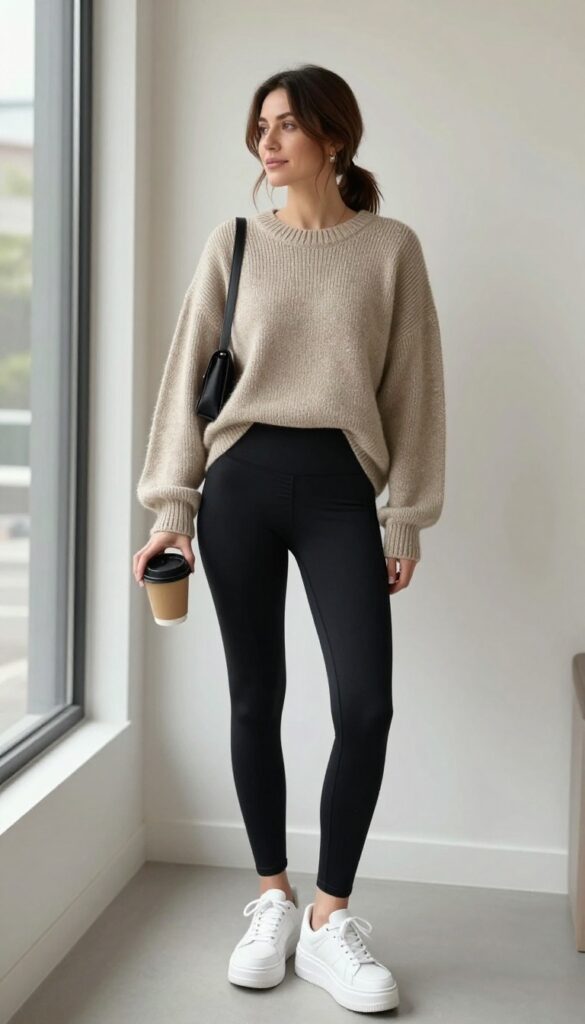 7. Oversized Sweater with Leggings and Sneakers