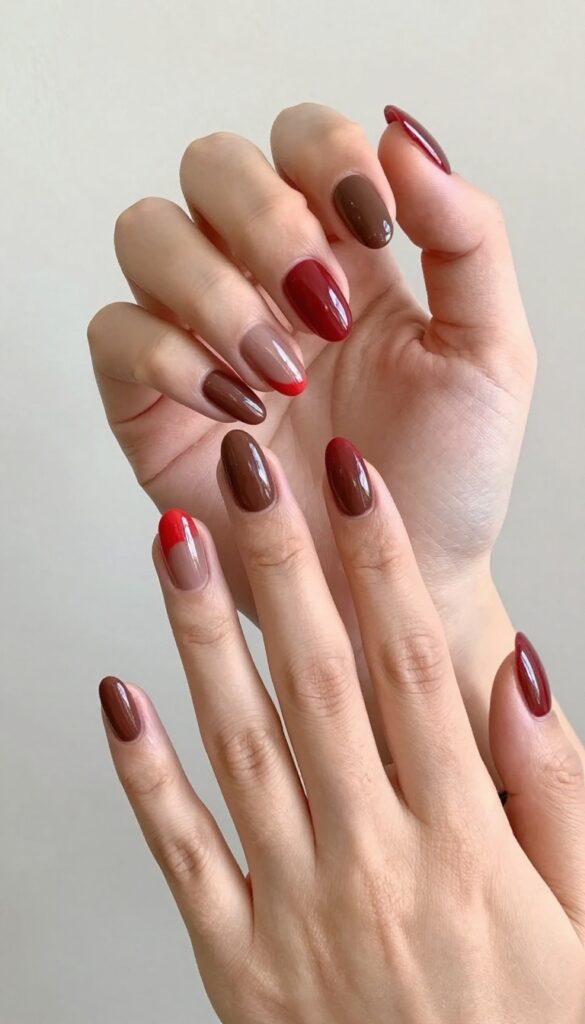 Chocolate cherry almond nails with glossy finish