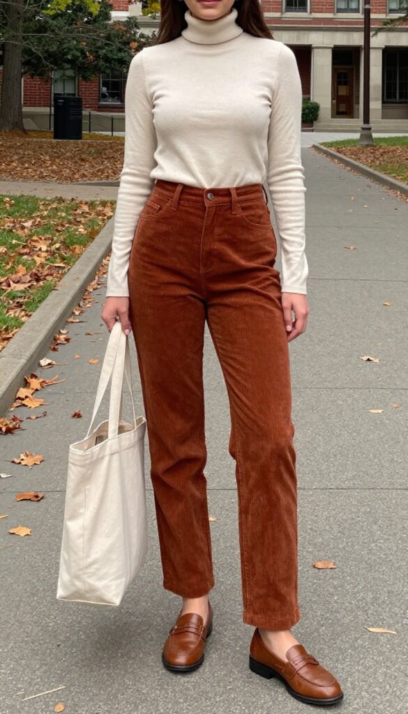 10. Turtleneck with Corduroy Pants and Loafers