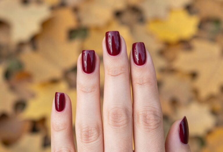 Short square fall nail ideas with burgundy glossy finish