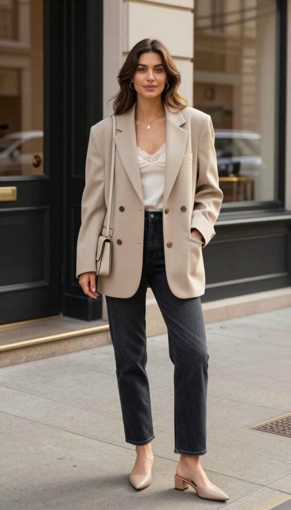 8. Soft Blazer with a Lace Camisole and Dark Denim