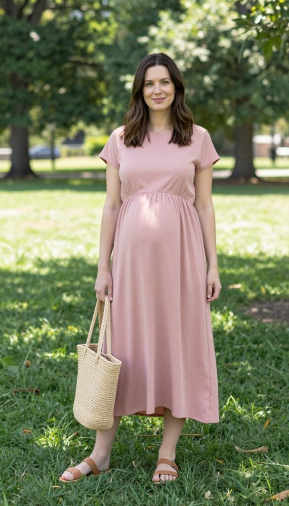 3. Flowy Maternity Maxi Dress with Sandals