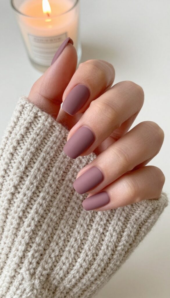 Matte mauve nails with short squoval shape, soft fall manicure