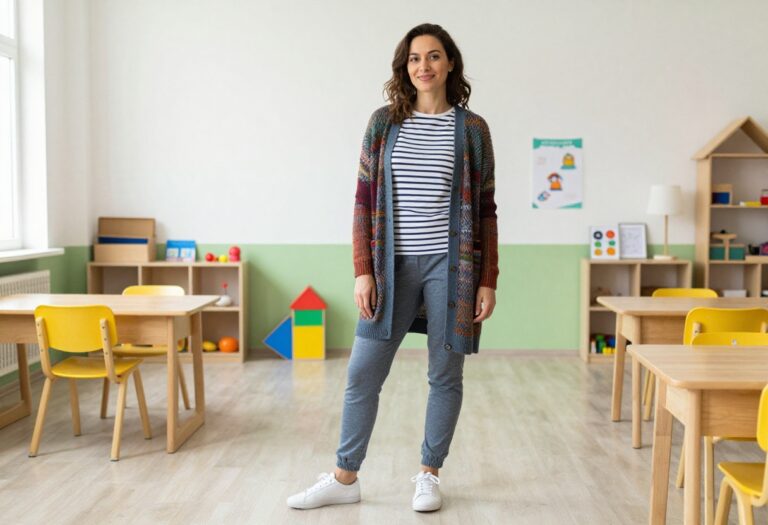 Kindergarten teacher in colorful cardigan, striped tee, and joggers standing in classroom