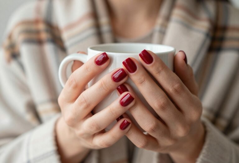 Short nails with glossy cranberry polish in a cozy fall setting