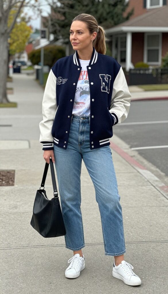 2. Varsity Jacket over a Graphic Tee and Mom Jeans