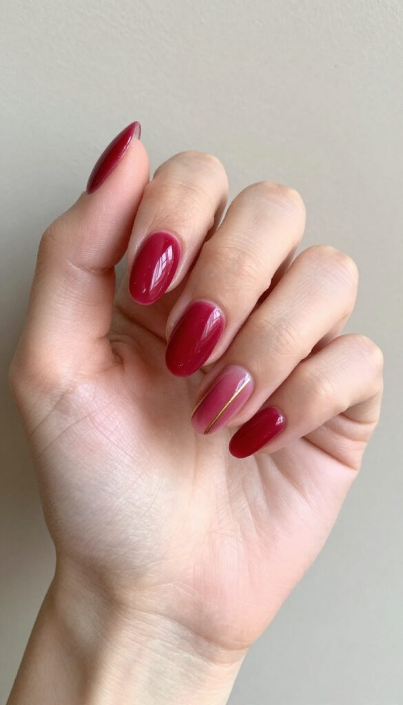 Cranberry sorbet nails with glossy finish and gold stripe accent