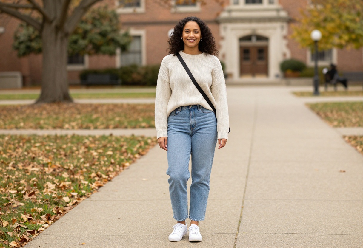Young woman in cream sweater and jeans on campus