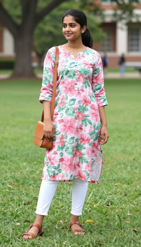 1. Printed Kurti with White Jeans and Kolhapuris
