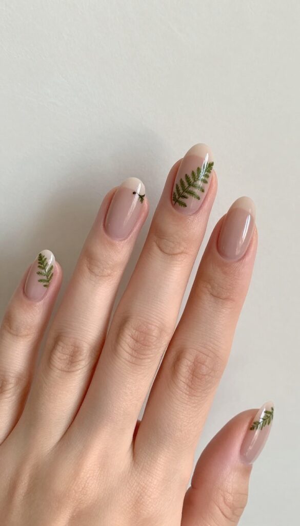 Sheer mocha nails with pressed fern fronds botanical manicure