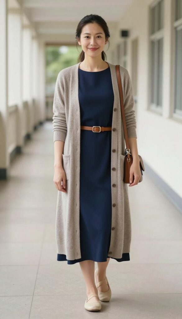 12. Cardigan + Dress + Belt + Flats